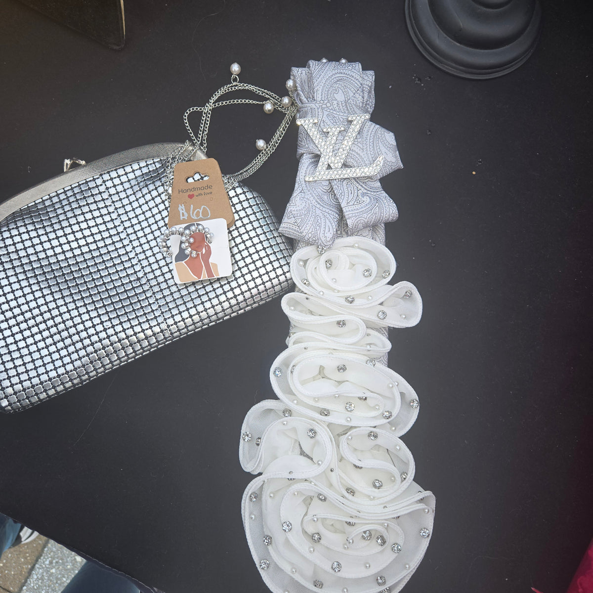 3 piece One-of-a-Kind Crystal LV Pearl Cascade Statement Tie with clutch and earrings