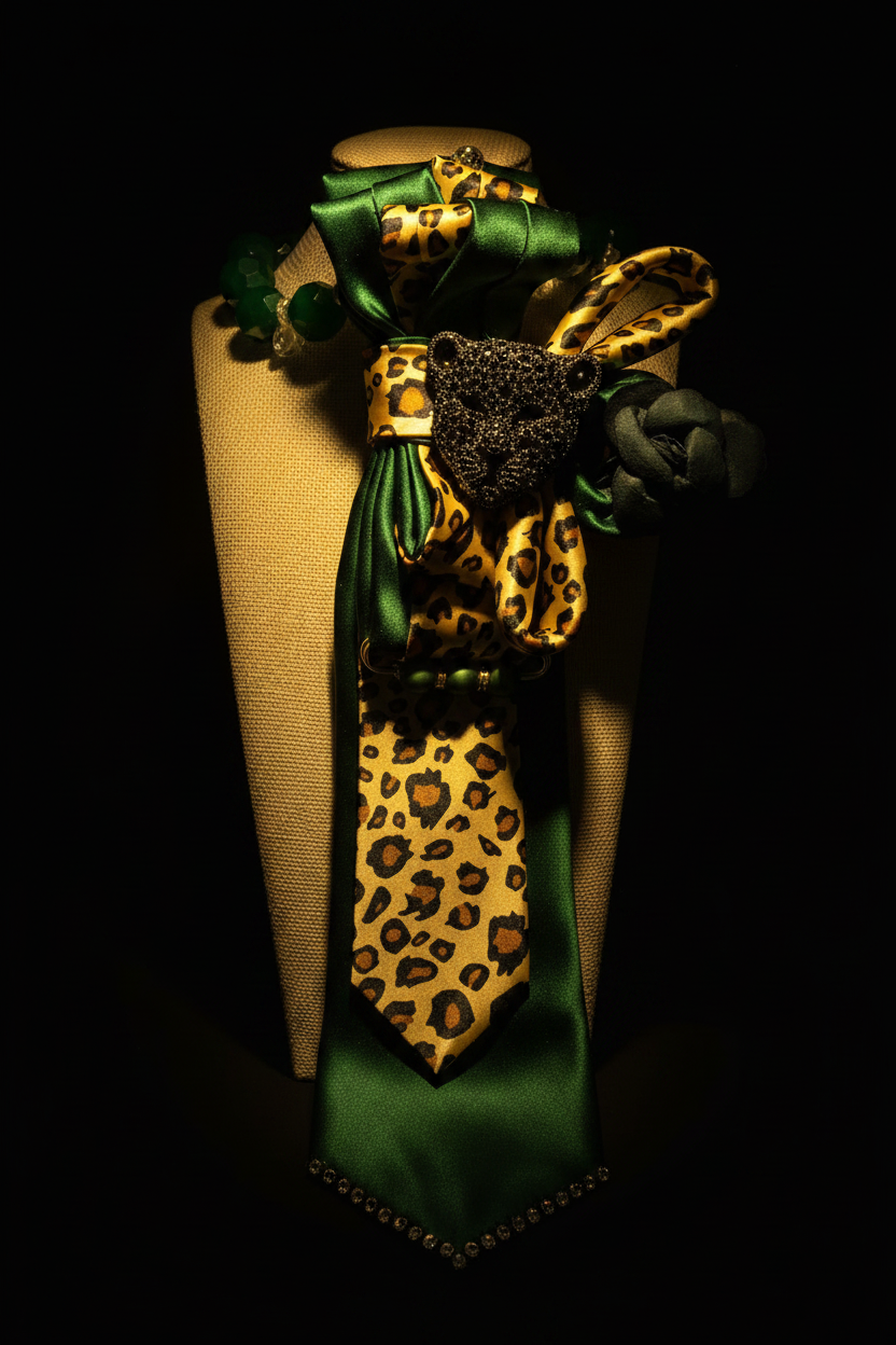 Emerald green satin statement tie with leopard-print accents — Wild Majesty by Re Tied by M.W. Designs