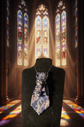 Navy paisley statement tie with pearls and silver cross centerpiece — Faith & Finery by Re Tied by M.W. Designs